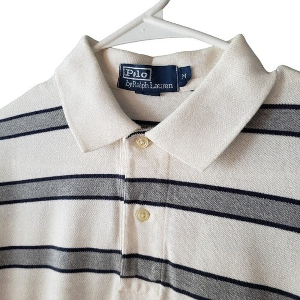 Polo by Ralph Lauren White Gray Black Stripes Short Sleeve Texture Knit Shirt M - Picture 3 of 5